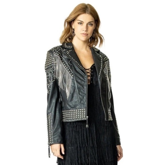 Double D Ranch Rhinestone Fringe Cowboy Leather Jacket beaded crystal RTL 1395 - Picture 8 of 14